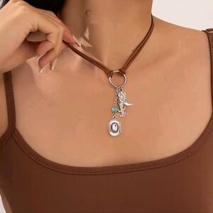 ​Brown Suede Western Choker Necklace Silver Cowboy Boot Hat & Cactus Charms